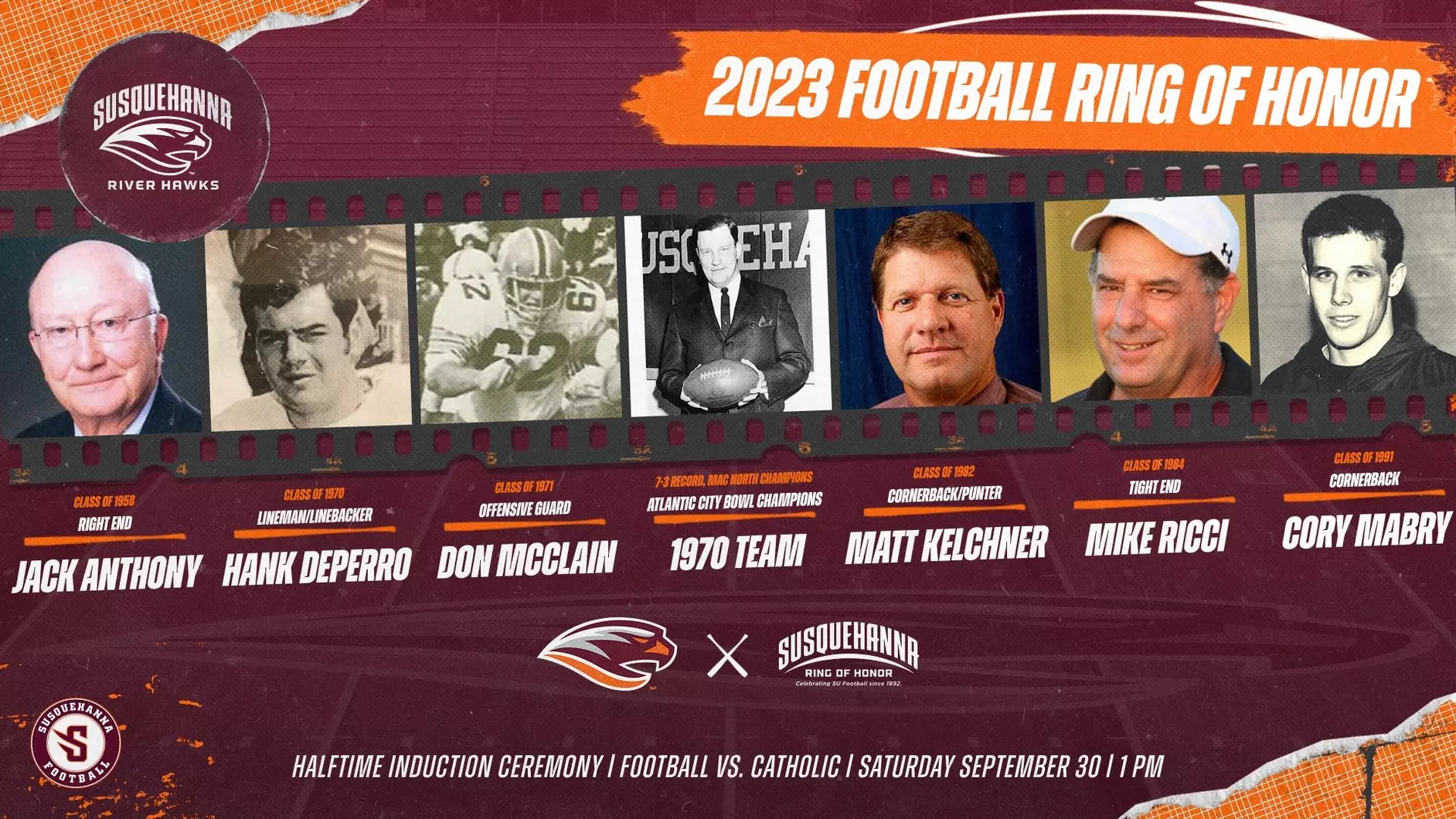 体育买球官网 University honors football figures Jack Anthony, Hank Depper, Don McClain, 1970 team, Matt Kelchner, Mike Ricci, Cory Mabry in 2023 Ring of Honor. Induction on September 30.