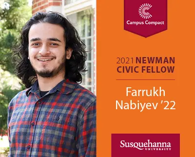 A person with long dark hair smiles while wearing a checkered shirt. The image includes text about the 2021 Newman Civic Fellow, Farrukh Nabiyev, and the 体育买球 University logo.