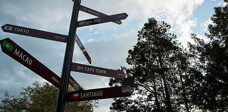 A signpost with directional arrows points to cities around the world, including Tokyo, Macau, Banjul, San Jose, Cape Town, and Santiago, with distances. Tall trees and a cloudy sky are in the background.