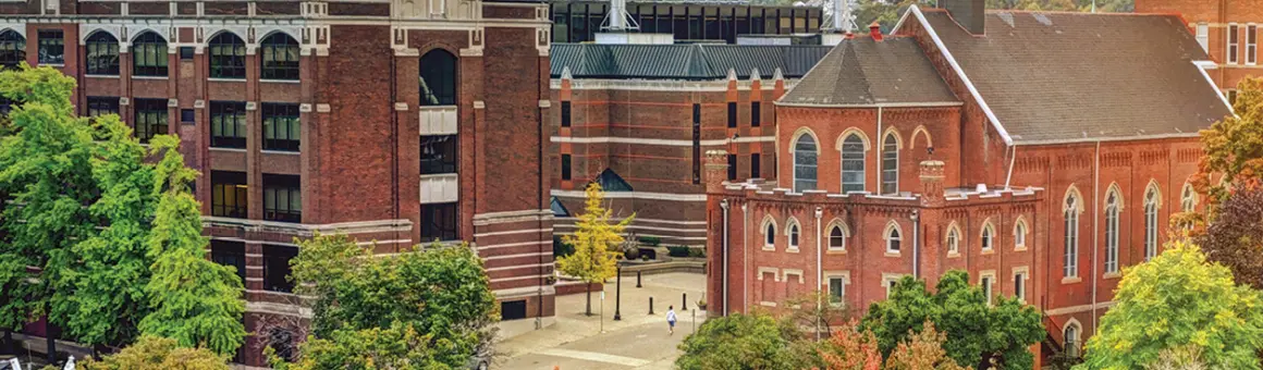 Bird's-eye view of a college campus featuring historic red-brick buildings surrounded by trees. The scene includes pathways and a courtyard in the center, with a blend of architectural styles and greenery.