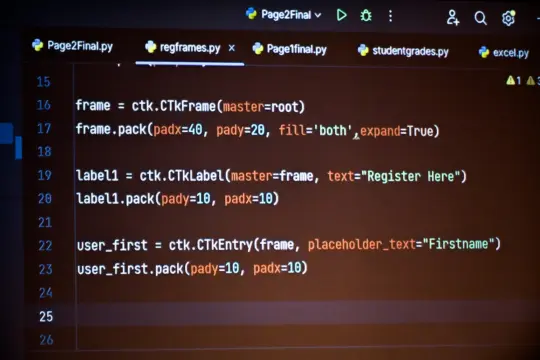 A computer screen displaying part of a Python program. The code snippet includes custom Tkinter (ctk) objects like CTkFrame, CTkLabel, and CTkEntry, along with methods like pack(). The text includes 