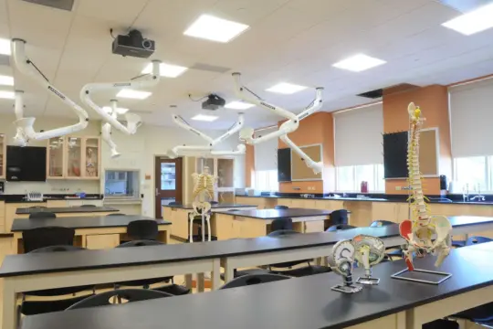 A modern classroom with long tables and black chairs, featuring anatomical models of human skeletons and spines. Ceiling-mounted exhaust arms are visible, and large windows provide bright natural light.