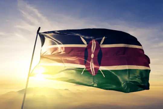 The image shows the Kenyan flag waving against a backdrop of a golden sunset. The flag features black, red, and green horizontal stripes separated by white lines, with a Maasai shield and spears at the center.