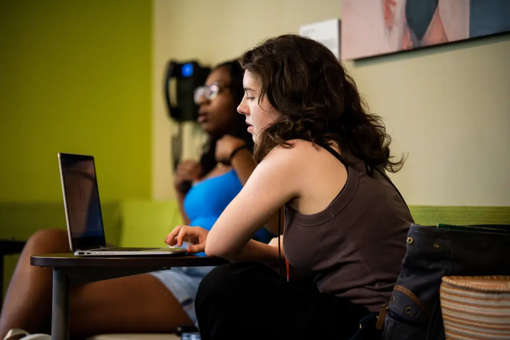 Two people are seated indoors, immersed in a casual and relaxed atmosphere. One is using a laptop on the table, likely exploring English Literature, while the other is in the background. The setting features a green wall adorned with art, adding to its charm.