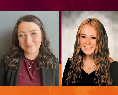 Two portrait photos side by side. On the left, a person with shoulder-length dark hair in a maroon top and black blazer smiles against a gray background. On the right, a person with long, wavy blonde hair in a black top smiles against a light background.