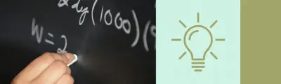 A hand writing equations on a chalkboard, with a graphical lightbulb icon on a light green and beige background next to it.