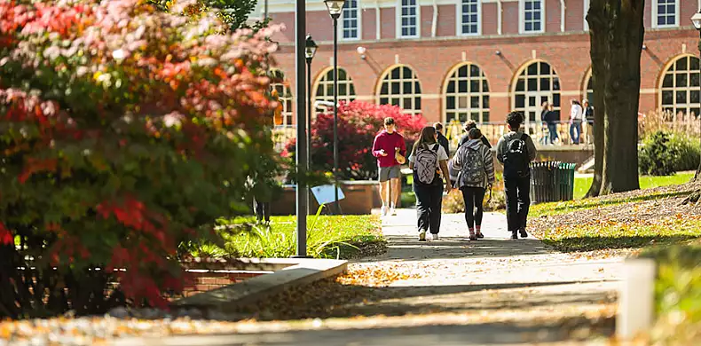 A group of students walk along a sunlit path surrounded by trees with colorful autumn leaves. In the background, there is a red-brick building with arched windows, and more people walking nearby.