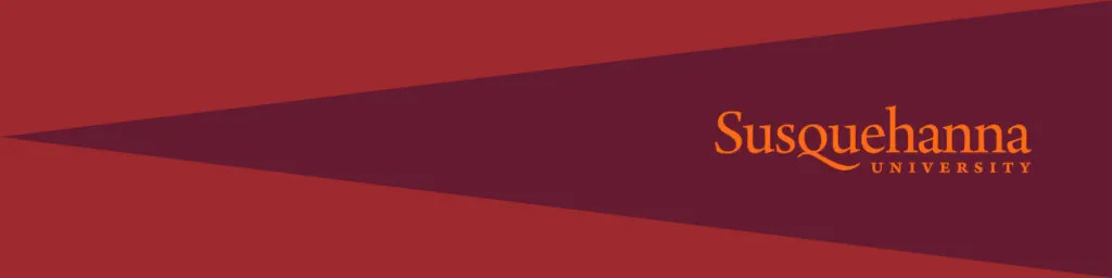 A maroon triangular pennant with an orange outline contains the text 