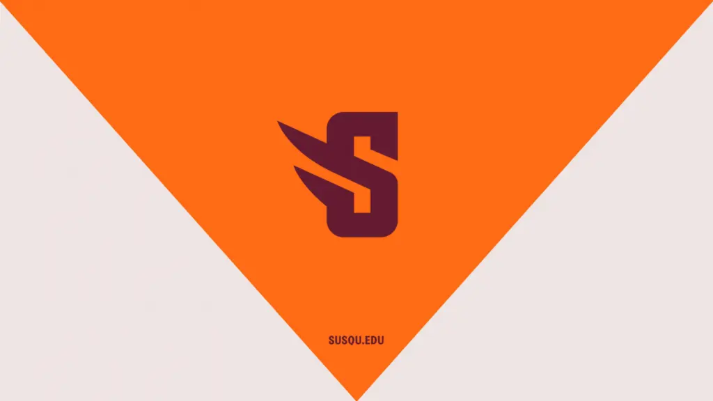 An orange triangle with a stylized 