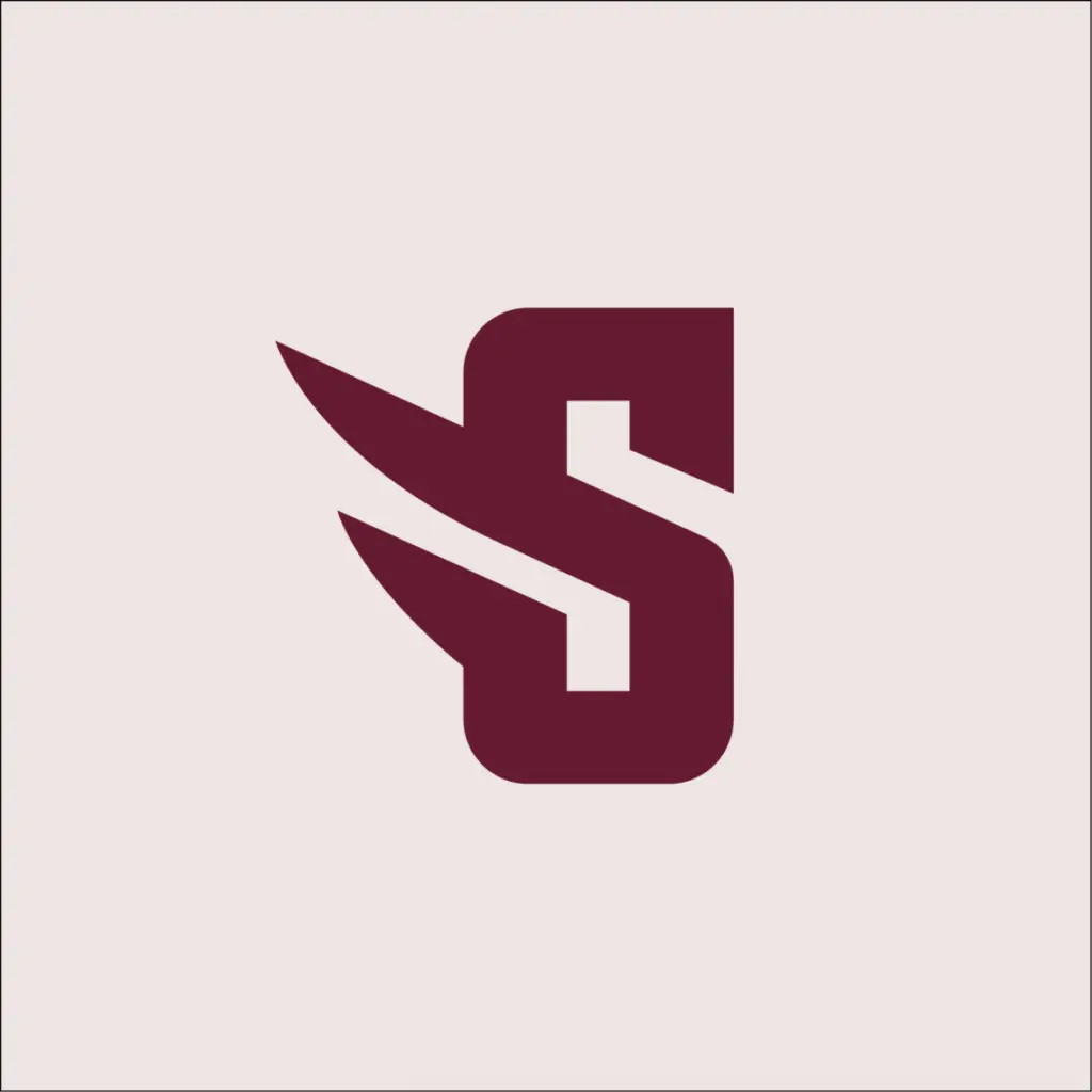 A stylized maroon letter 