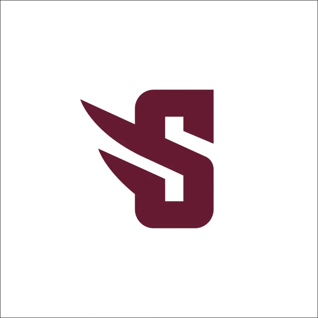 A stylized maroon letter 