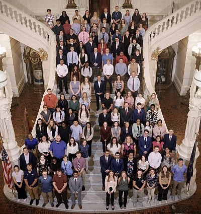 Pennsylvania Gov. Josh Shapiro greeting the 2023 Commonwealth Interns in the State Capital Building, Harrisburg.