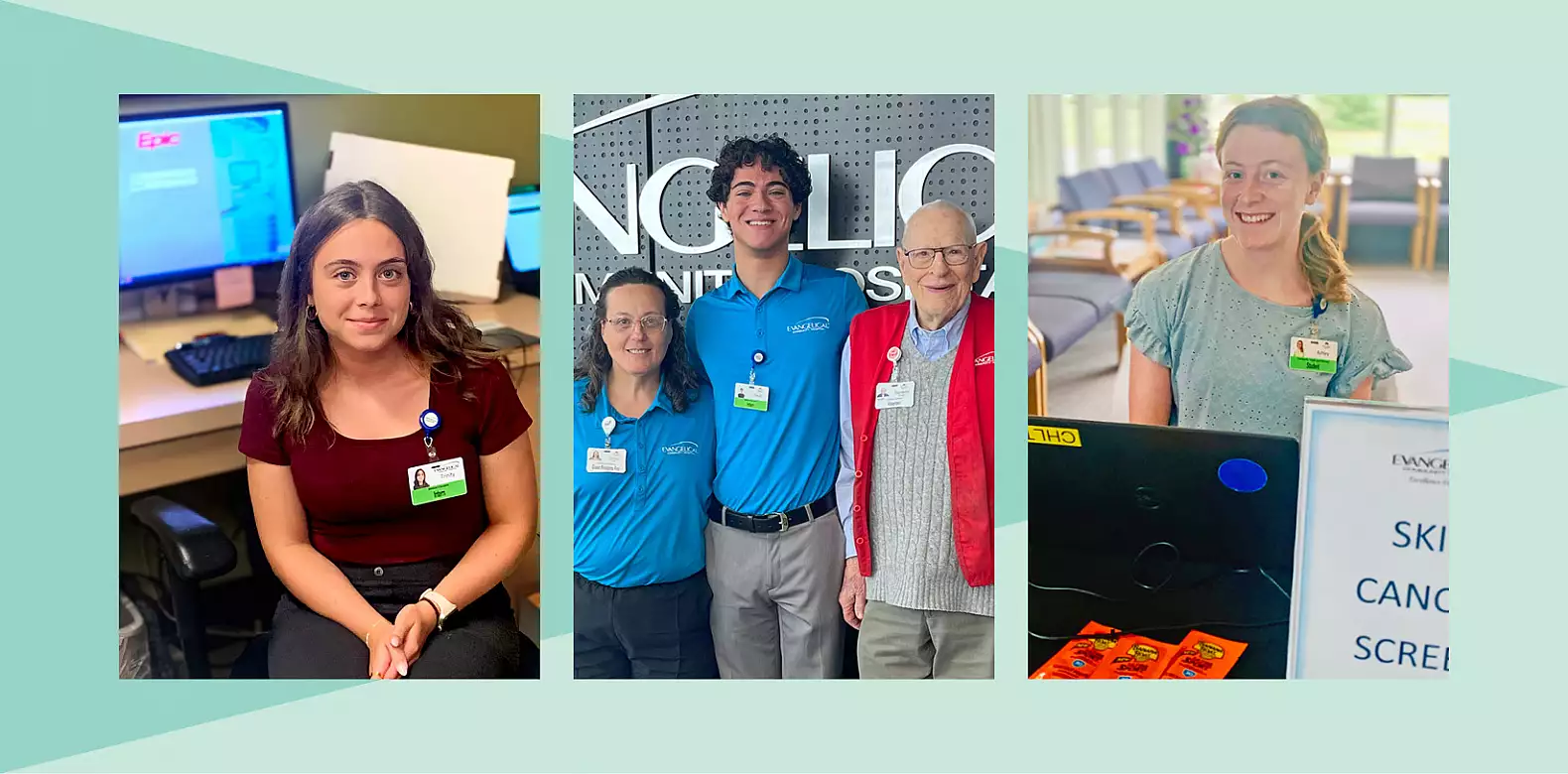 Three images of healthcare professionals at work. The left and right images show two individuals each at a desk and reception area. The center image shows three people standing together, smiling. All wear uniforms with name badges.