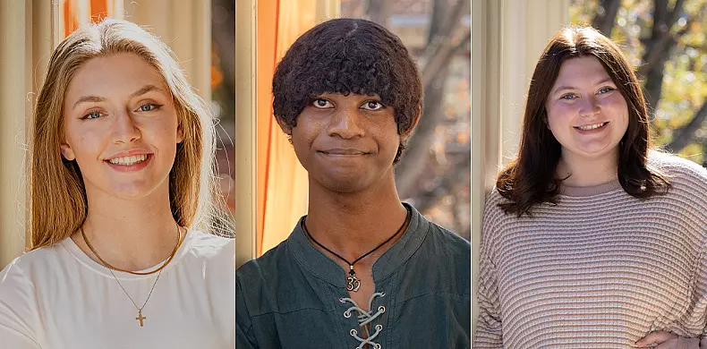 Three people are shown in a vertically aligned composite image. The left and right individuals, a woman with long hair and a woman with shoulder-length hair, smile warmly. The center person, with a bowl haircut, smirks slightly. All stand in sunlit settings.