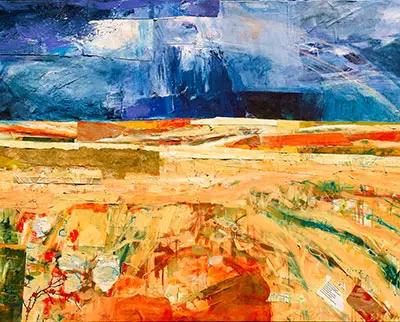 A vibrant abstract landscape painting featuring a mix of blues and grays in the sky, contrasted with earthy oranges, yellows, and reds in the foreground, evoking a dynamic, textured view of land and sky.