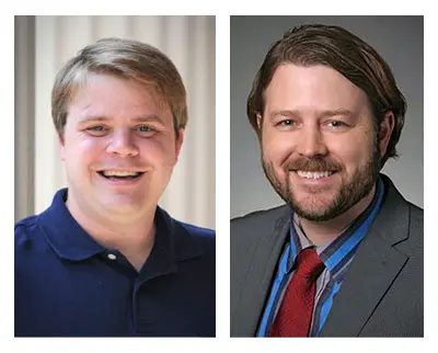 Two men are pictured side by side. The man on the left has light brown hair, wears a navy polo shirt, and smiles. The man on the right has medium brown hair, a beard, wears a suit with a red tie, and also smiles.