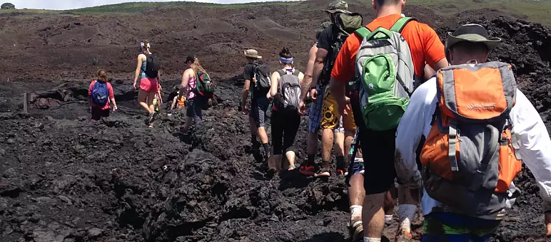 A group of people wearing backpacks and outdoor clothing are hiking over a rocky volcanic landscape. The terrain is dark and uneven, surrounded by sparse greenery under a clear sky. The hikers are walking in a line.