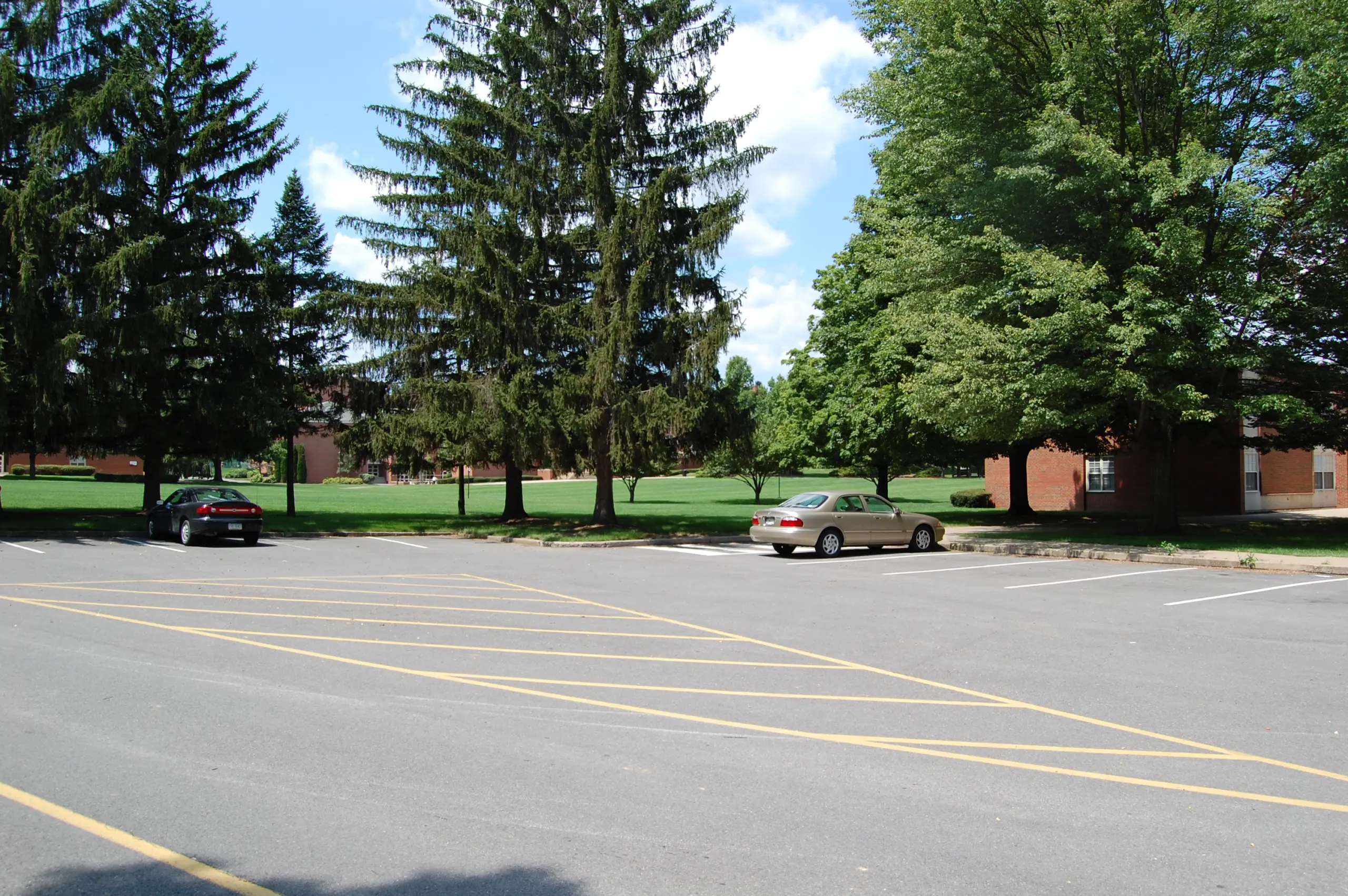 A nearly empty parking lot with two cars parked, surrounded by tall trees and grassy areas. Brick buildings are visible in the background under a partly cloudy sky. Yellow lines mark parking spaces on the gray asphalt.