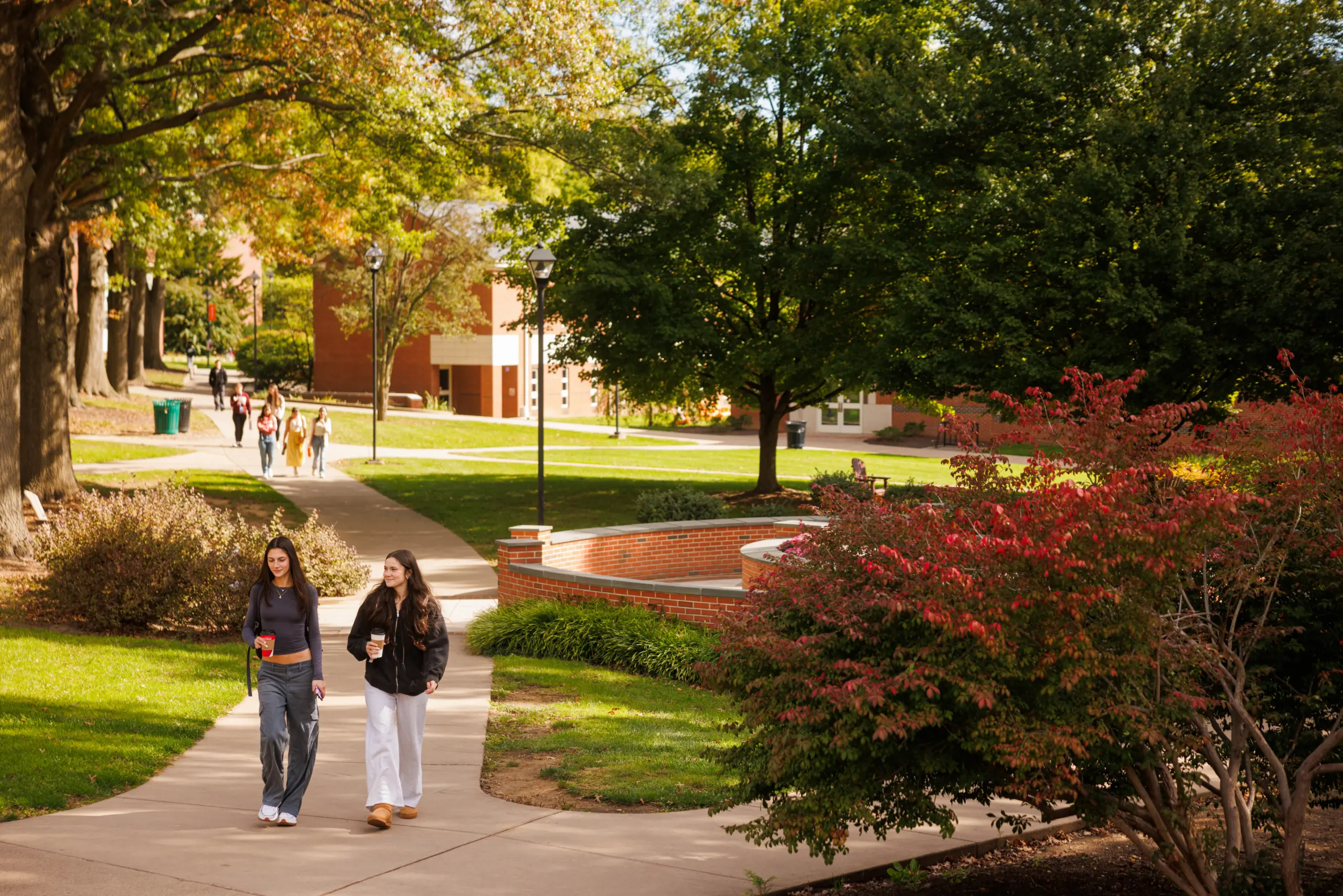 Two people walk along a tree-lined path on a sunny day, holding drinks. More people are walking in the background. A brick building and green lawn are visible, with red and green foliage adding color to the scene.