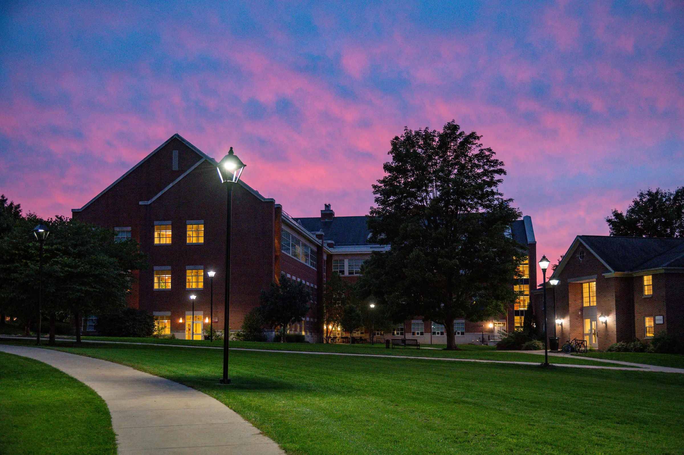 A serene college campus at dusk with a path winding through a grassy area. Brick buildings with glowing windows are illuminated by street lamps. The sky is painted with vibrant pink and purple hues.