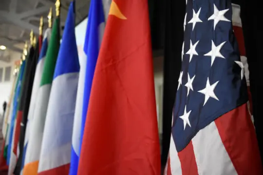 A row of international flags flutters proudly, including a close-up of the American flag with stars and stripes. As if symbolizing Language Fellows, flags from various countries are partially visible in the background, arranged diagonally from left to right.