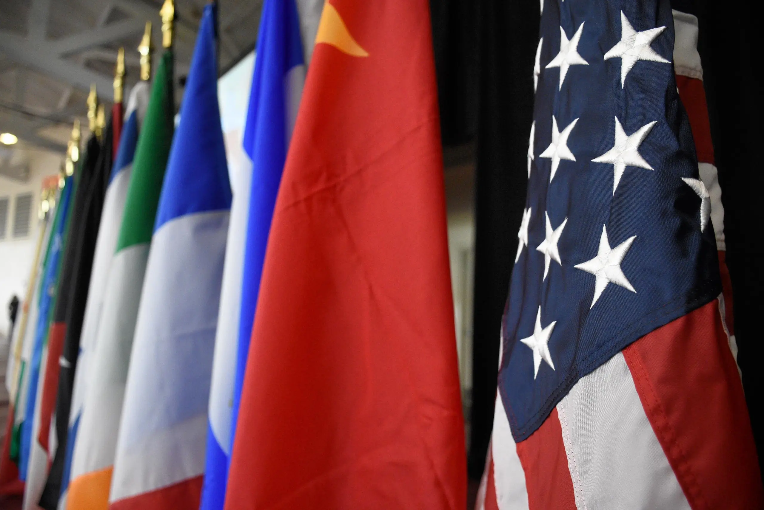 A row of international flags flutters proudly, including a close-up of the American flag with stars and stripes. As if symbolizing Language Fellows, flags from various countries are partially visible in the background, arranged diagonally from left to right.