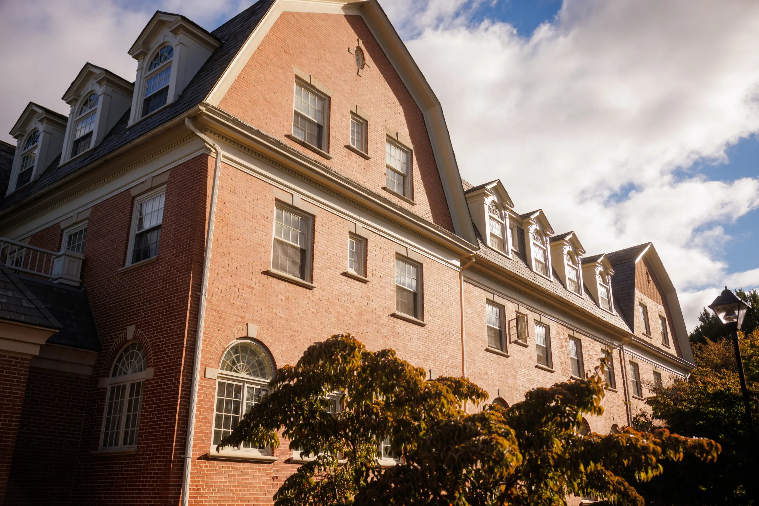 A large brick building with multiple dormer windows under a cloudy blue sky. A tree with green leaves is in the foreground, partially shading the building.