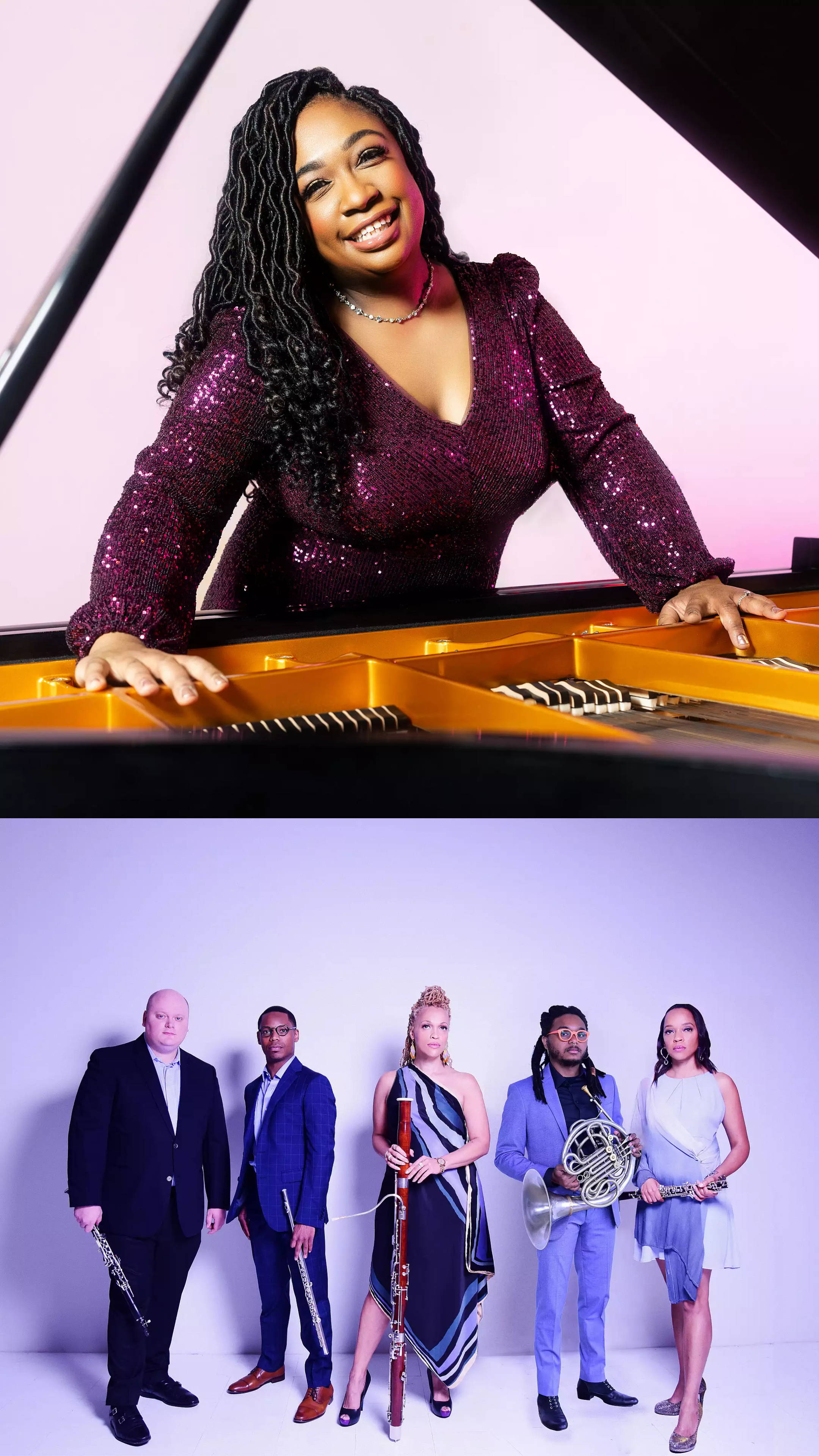 A woman in a sparkly purple dress playing a grand piano. Below, five people stand side by side holding various musical instruments. The background is a gradient of purple to white.