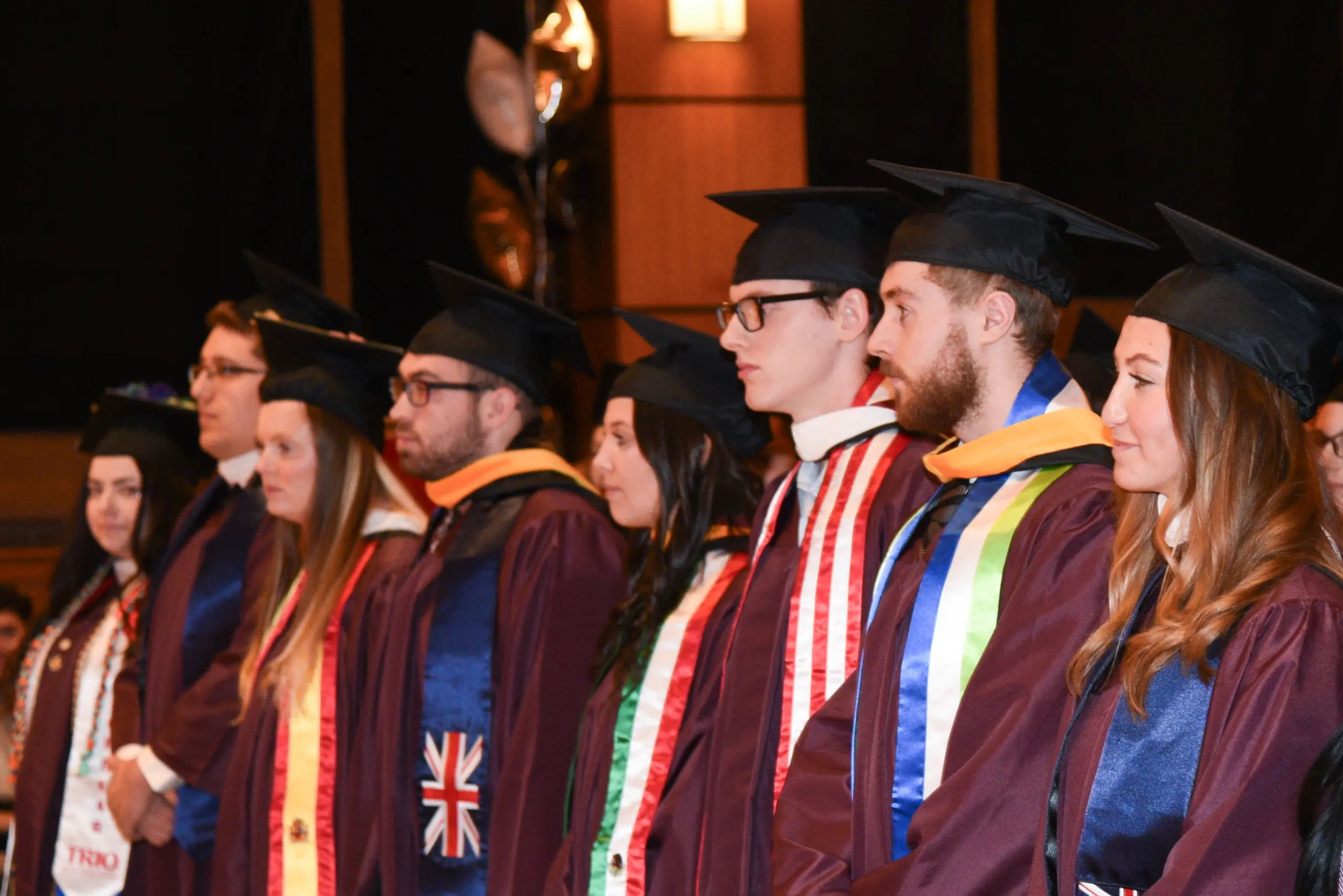 About to embark on new journeys, a group of graduates in caps and gowns stand in a row at a ceremony, wearing colorful stoles and sashes—some adorned with flags—looking ahead with expressions of pride and anticipation.