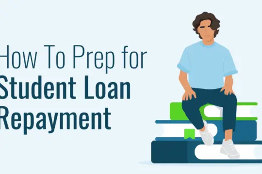 An illustration shows a person in a blue shirt and dark pants sitting on a stack of books beside the text 