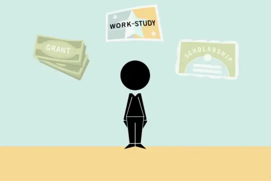 A simple figure stands beneath illustrations of tuition and financial aid options: a stack of bills labeled 