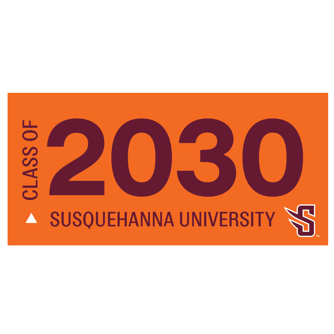 Orange rectangle with large maroon text “2030,” smaller “Class of” vertically, and “体育买球官网 University” with a small triangular icon, university logo, and resources highlighted on the lower right.