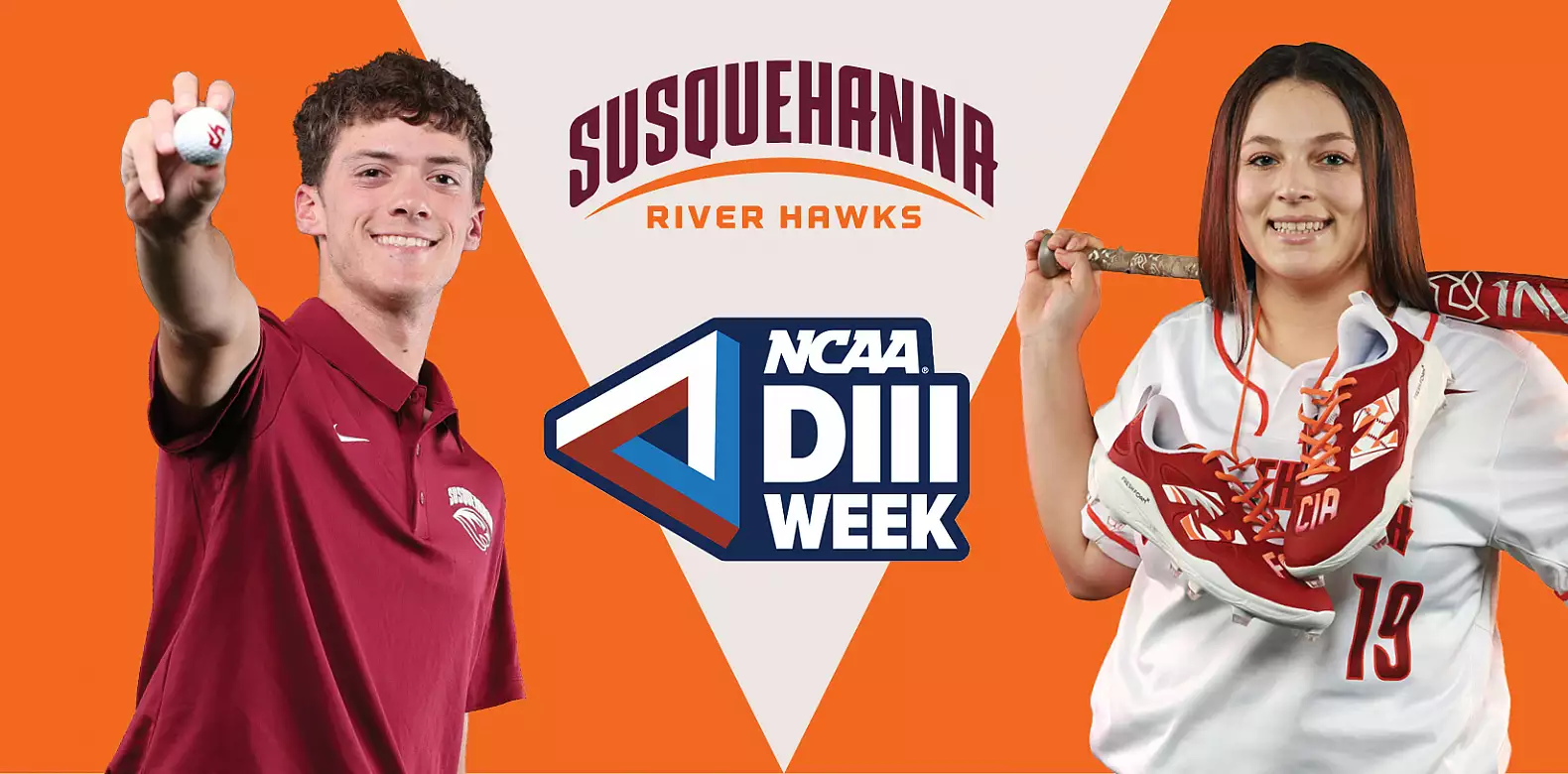 A male and female athlete pose in front of an orange and white background with 