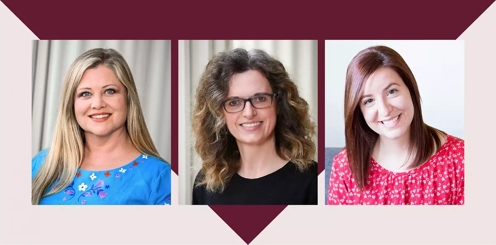Three women are shown in individual portrait photos against neutral backgrounds. Each woman is smiling, with different hair colors and styles, wearing colorful tops. The portraits are framed by a burgundy and light beige graphic design.