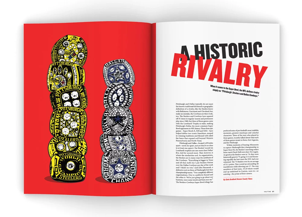 An open magazine spread shows illustrated stacks of football team patches on a red background, with the headline 
