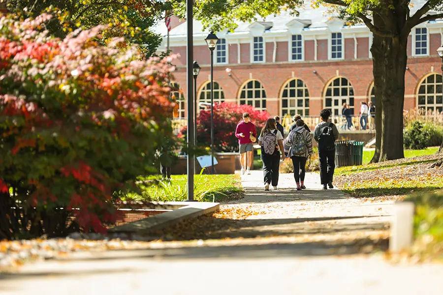 Students walk along a sunlit, tree-lined sidewalk on a college campus in autumn, with red and green foliage and a brick building with arched windows in the background.
