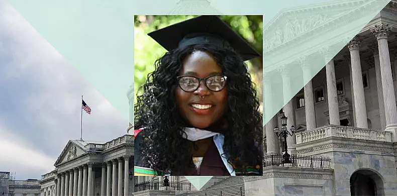 A smiling woman wearing a graduation cap and gown is shown in a portrait. The background features a faded image of a classical government building with columns and an American flag.