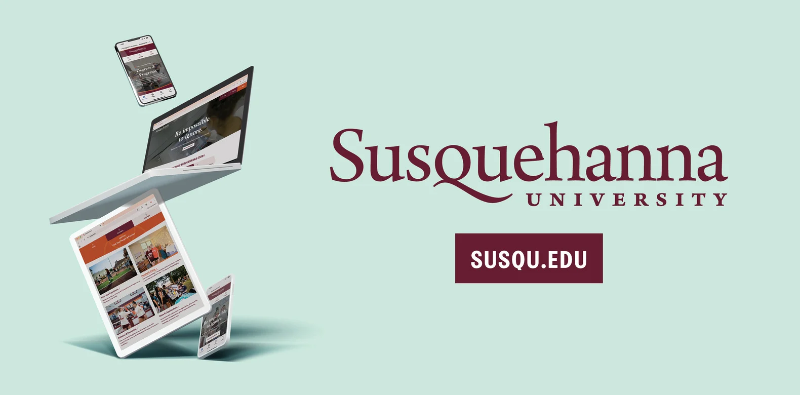 Digital devices displaying the 体育买球 University website float beside the university’s logo and 