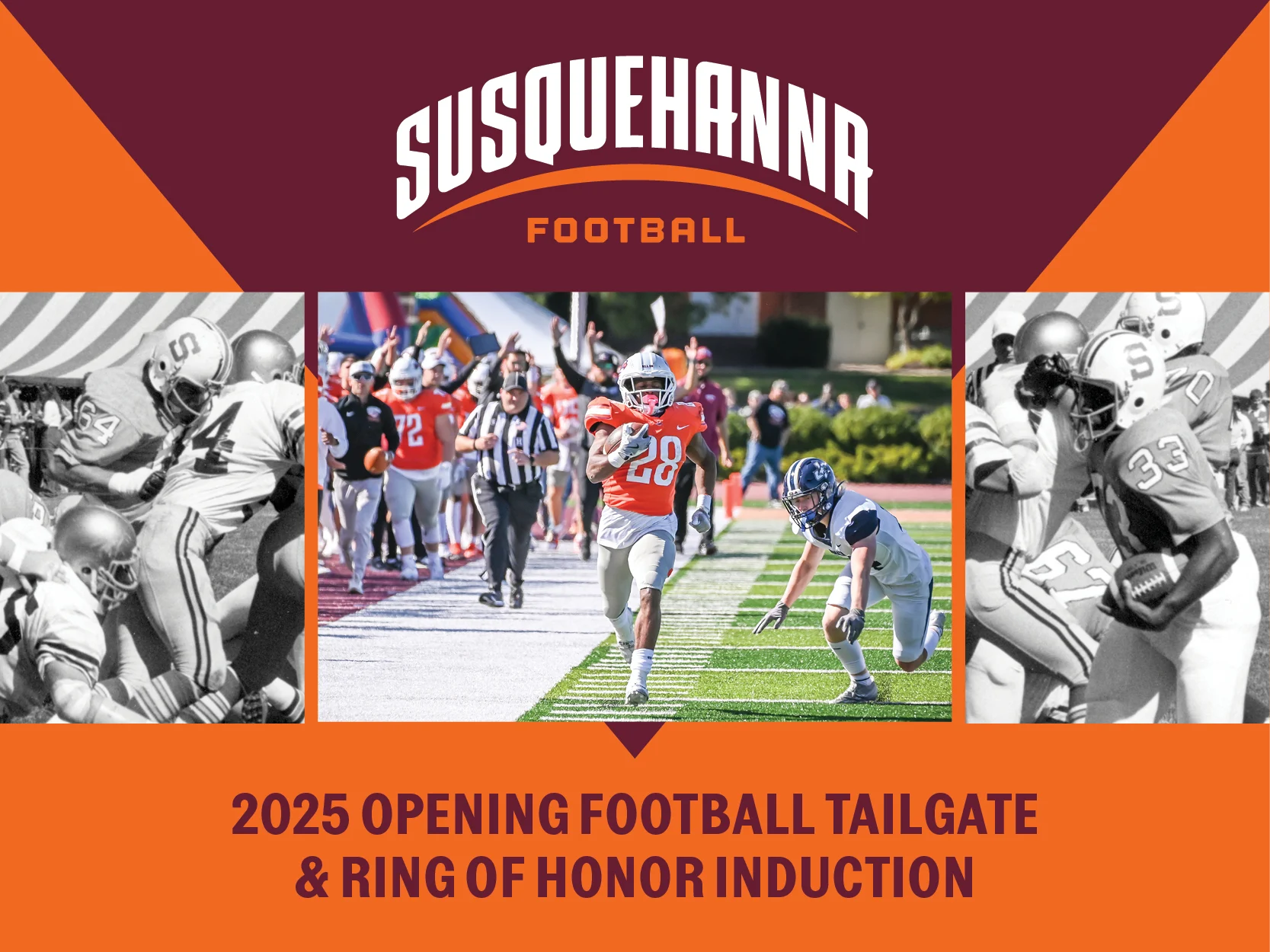 Event graphic featuring “体育买球官网 Football” and “2025 Opening Football Tailgate & Ring of Honor Induction,” with vintage football photos on the sides and a player running with the ball in the center.