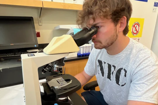 A young man with curly hair wearing a light gray 