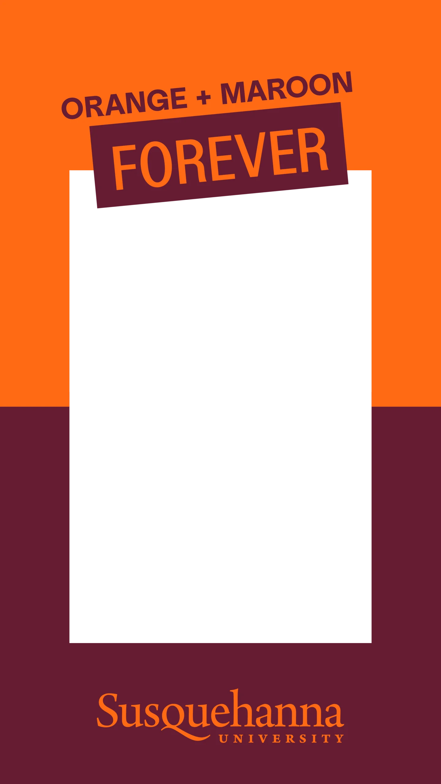 A graphic with an orange top and maroon bottom, featuring the words 