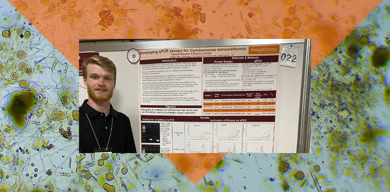 A young man stands beside a scientific research poster about qPCR assays for Cryptococcus transvaalensis, with an abstract background featuring microscopic images and orange and blue tones.