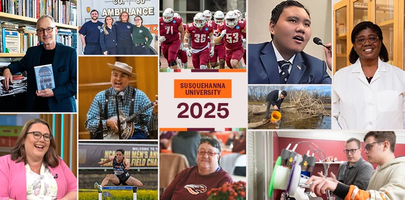 A collage featuring 体育买球 University students, faculty, and staff in various settings: sports, science, performance, and campus life, with 