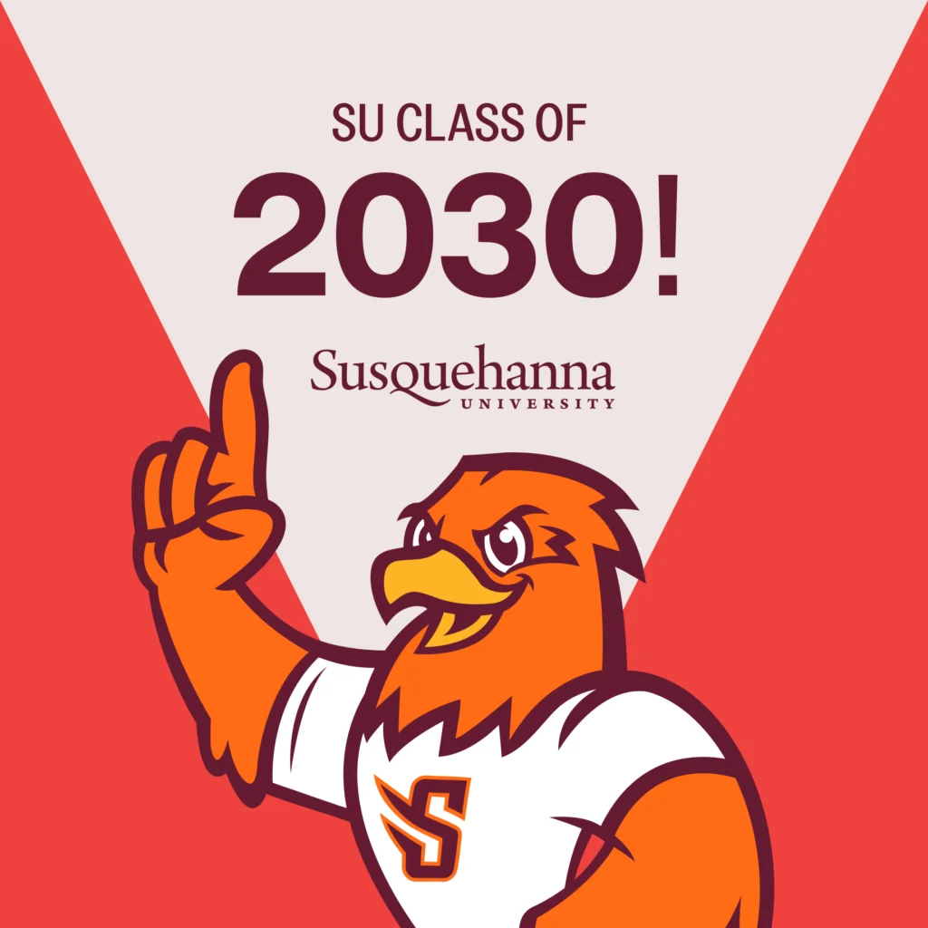An orange bird mascot in a white shirt with an “S” raises one finger. Above it reads: “SU Class of 2030!” and “体育买球官网 University” on a red and white background.