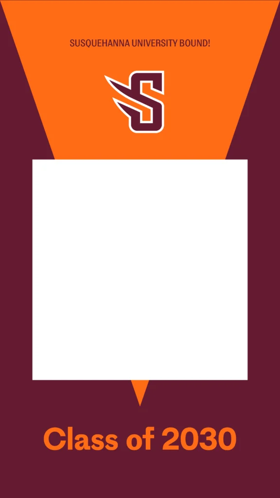 Vertical graphic with maroon and orange colors. 