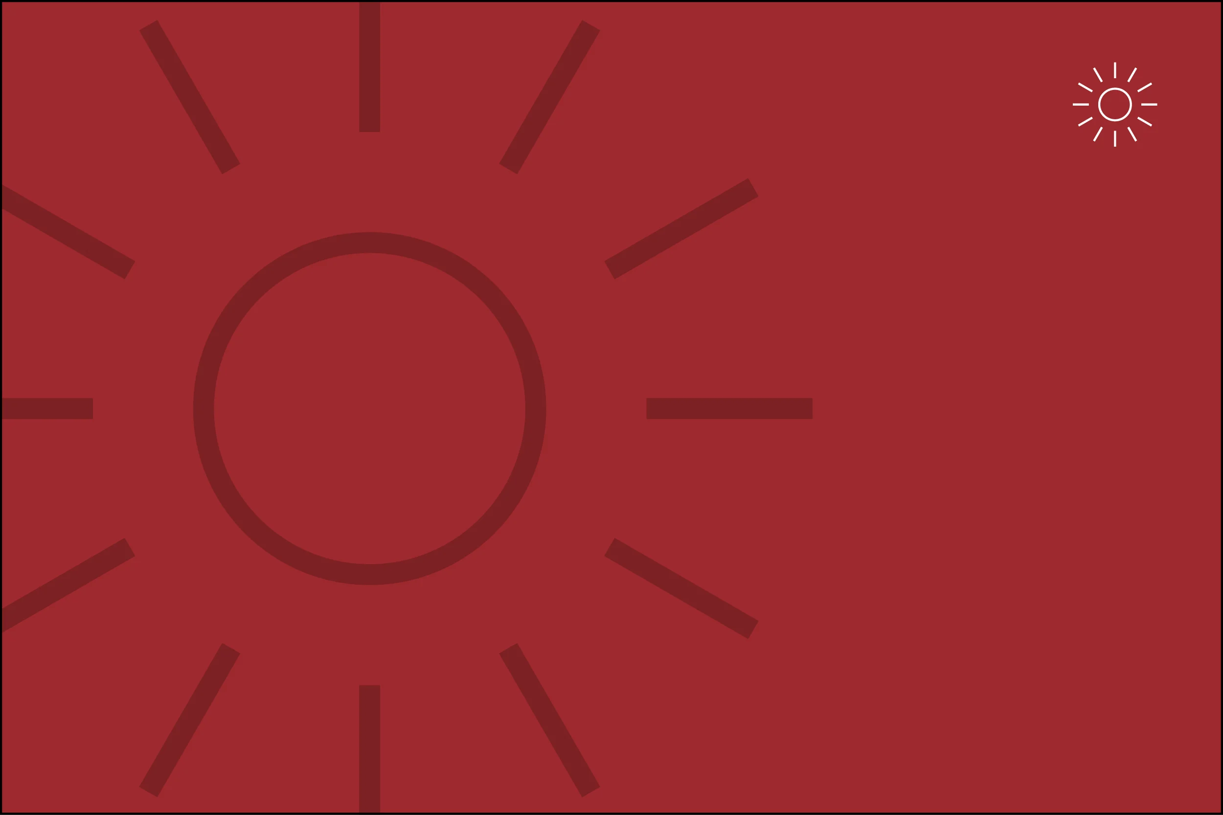 A large dark red sun with rays dominates the left side of a red background, while a small white sun icon appears near the top right corner.