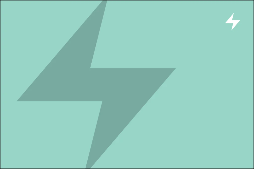 A large, dark green lightning bolt dominates the center of a light green background. In the top right corner, a smaller white lightning bolt is visible.