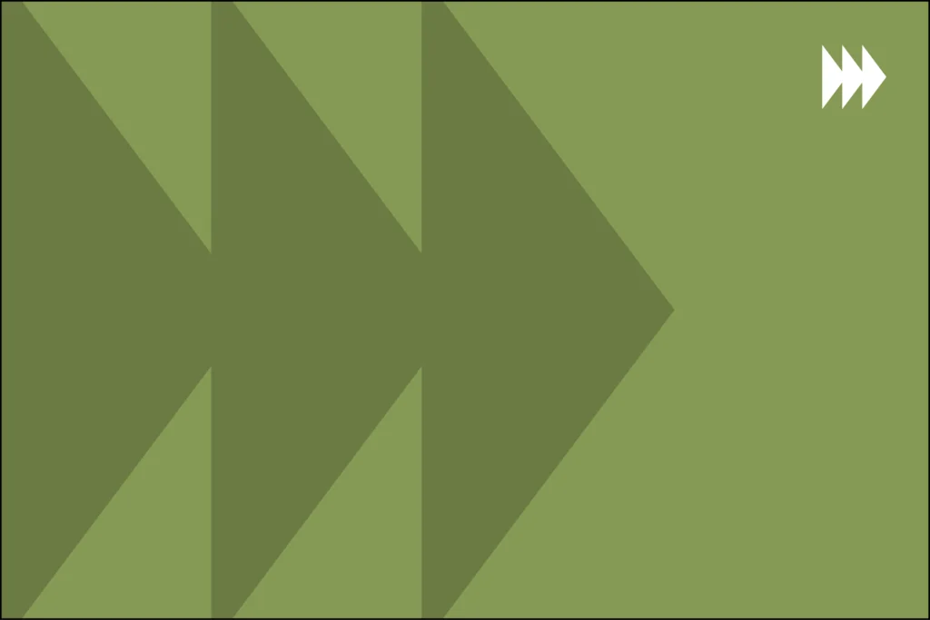 A green background with three large, overlapping, dark green right-facing arrows on the left side and three small white right-facing arrows in the top right corner.